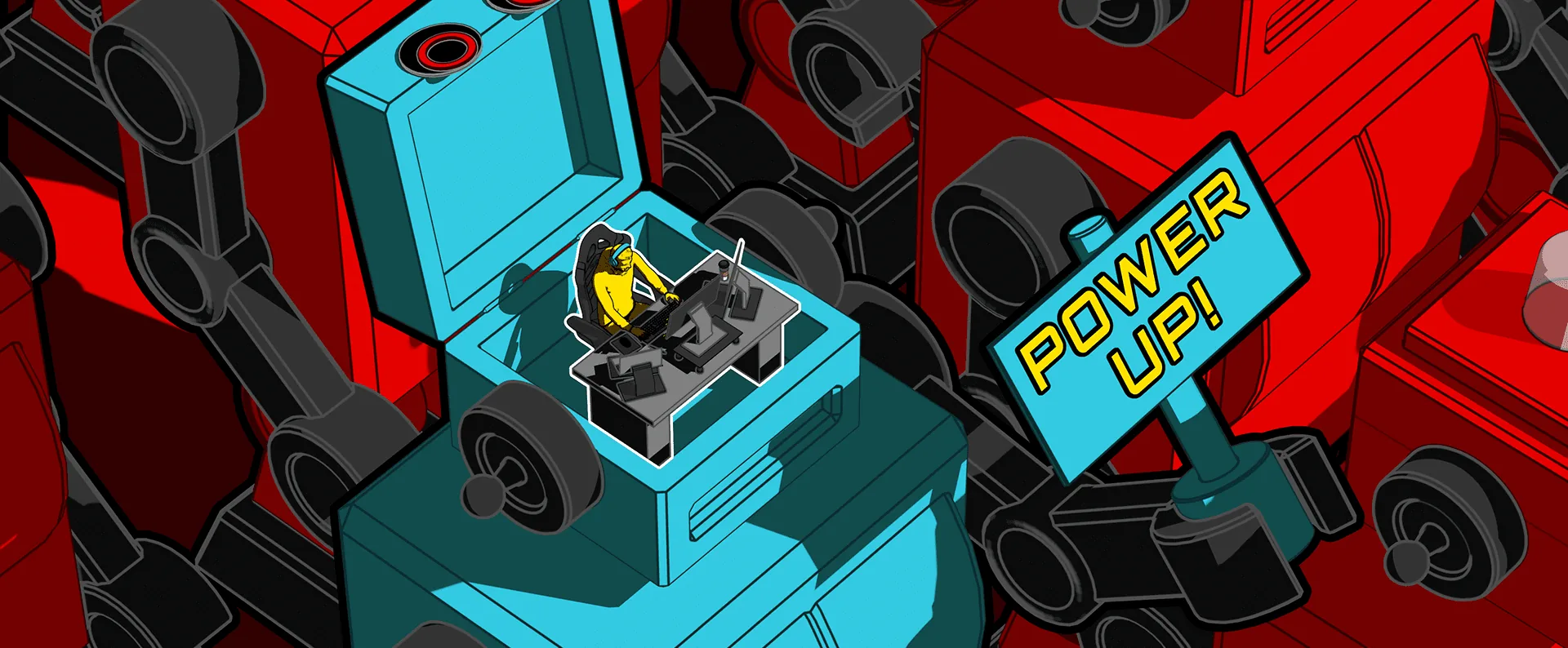 A cartoon illustration of a person in a yellow jacket and glasses sitting at a desk inside a blue robot with a sign reading "Power Up!" surrounded by red robots.