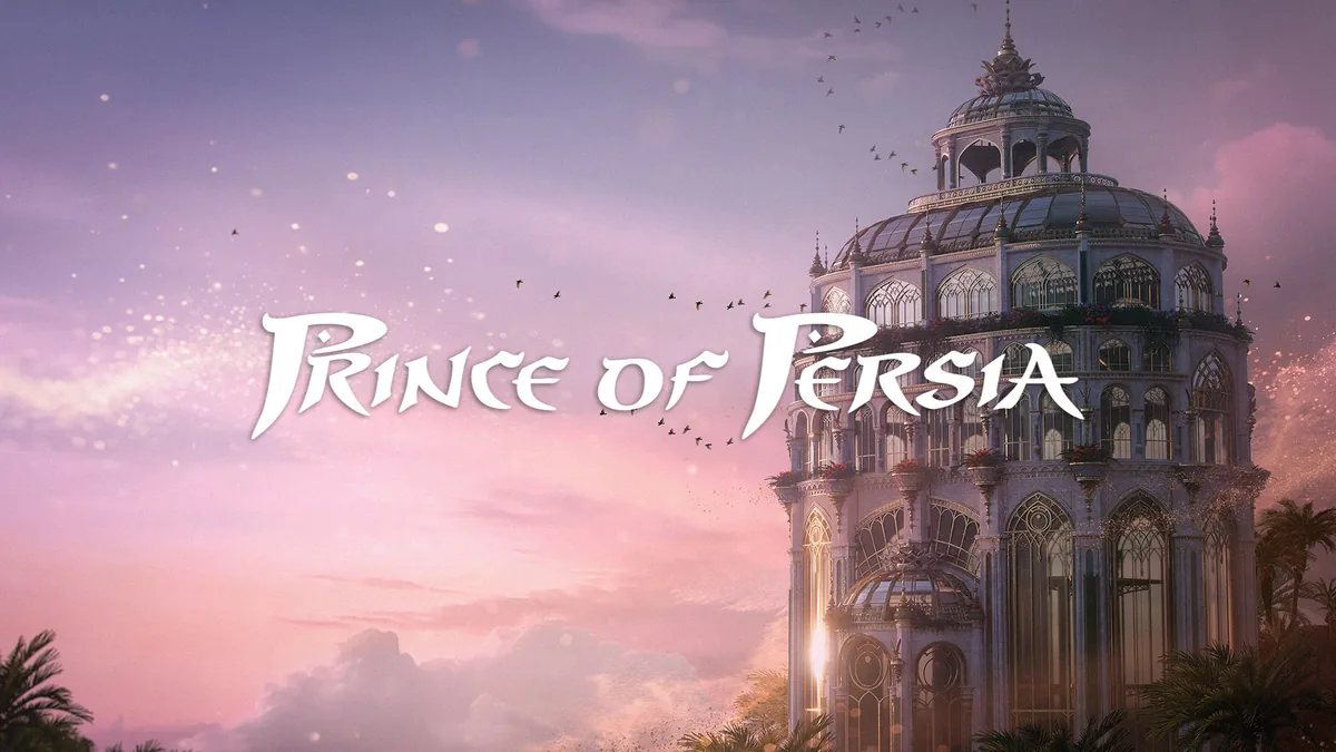Prince of Persia logo over a domed palace tower at sunset with birds in flight. Prince of Persia: The Sands of Time remake key art