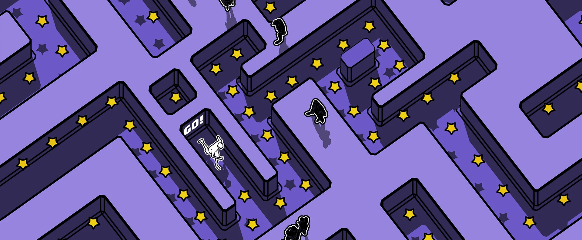 A stylized, isometric view of a maze with purple walls and a purple floor, decorated with yellow stars. Several cartoon characters, including a skeleton, a black figure, and a white figure, are navigating through the maze. There is a 'GO!' sign at one point in the maze indicating the starting point.