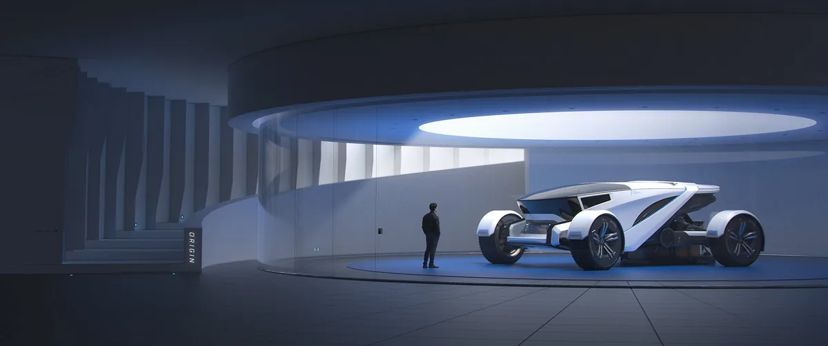 A futuristic white concept car inside a modern, circular, glass-walled showroom with a man observing.